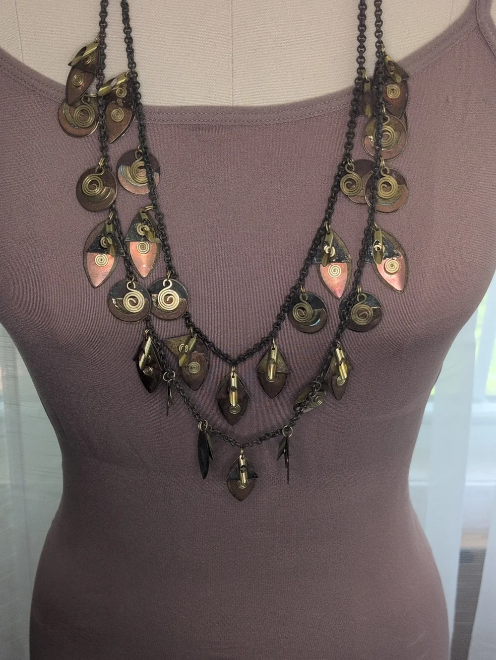 Vintage 80 Brutalist Mixed Metal Layered Statement Necklace Brass Copper - As Is